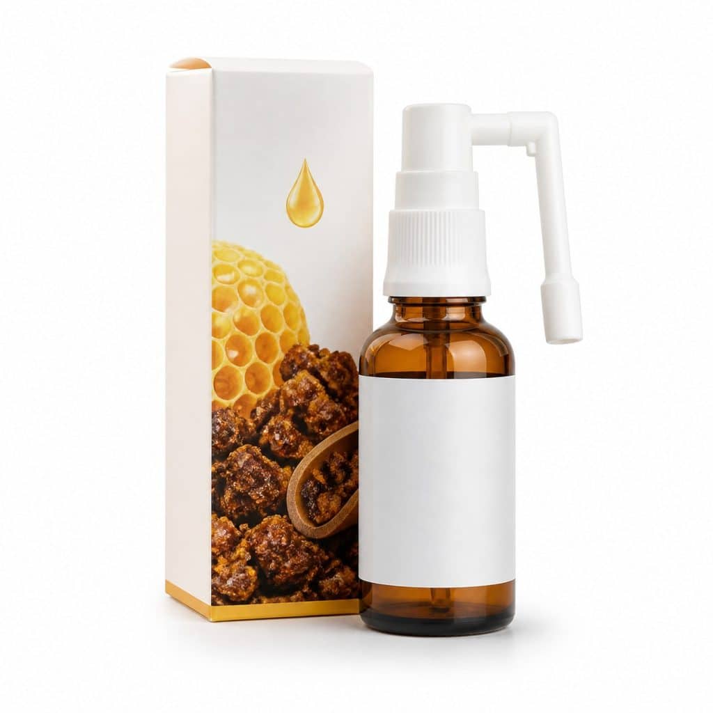 Spray propolis pour la gorge, flacon de 20 ml présenté seul